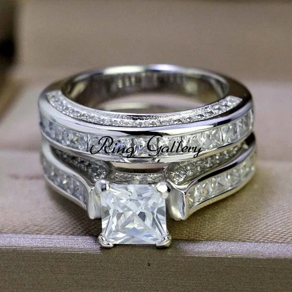 Wedding Ring Set Engagement Ring 925/14k Sterling Silver size 5,6,7,8,9,10,11,12 - Picture 4 of 4